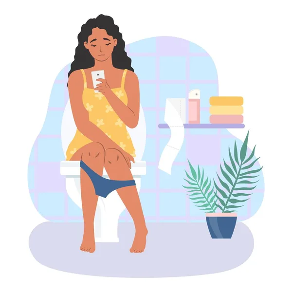 Mulher sentada em vaso sanitário com smartphone, ilustração vetorial. Rotina de banheiro, vício em smartphones. —  Vetores de Stock
