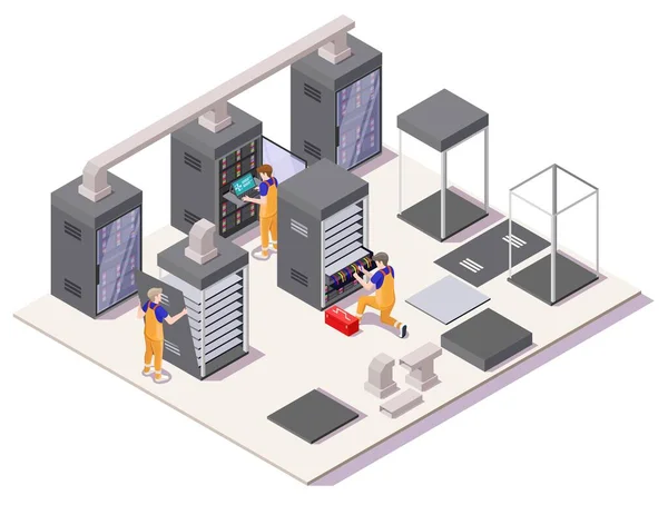 Engenheiros instalando servidores em data center, ilustração isométrica vetorial. Equipamento de instalação e configuração. — Vetor de Stock