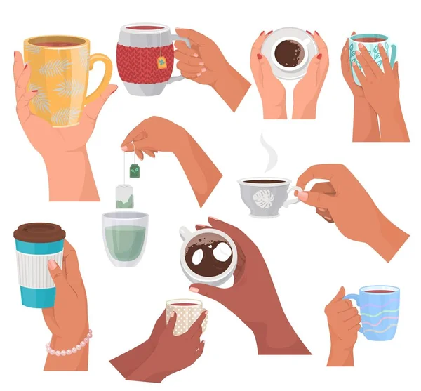 Las mujeres de las manos sosteniendo tazas de té y tazas de café, vector ilustración aislada. Pausa para el café, desayuno por la mañana bebidas calientes. — Archivo Imágenes Vectoriales