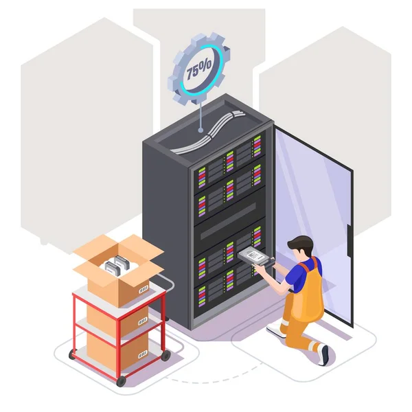 Ingegnere che fissa la rete di server nel data center, illustrazione isometrica vettoriale. Servizi di manutenzione e riparazione di server. — Vettoriale Stock