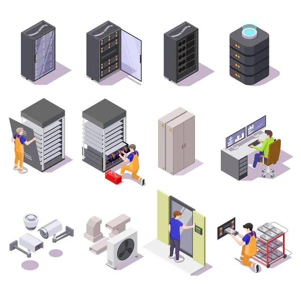 데이터 센터 isometric 아이콘 세트, 벡터 분리 일러스트. 컴퓨터 네트워크 장비, 서버 선반 및 직원. — 스톡 벡터