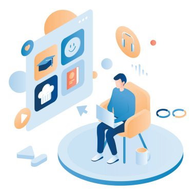 İzlemek için dizüstü bilgisayarda video kanalını seçen adam, düz vektör izometrik illüstrasyon. Podcast, multimedya içerik kavramı.