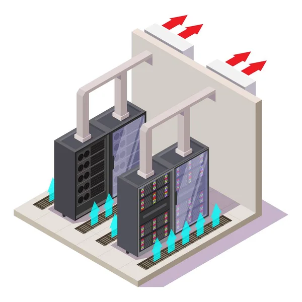 Centro de datos equipos de aire acondicionado, ilustración isométrica vectorial. Sistema de refrigeración de la sala de servidores. — Vector de stock