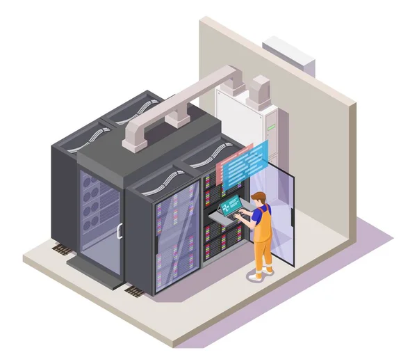 Centro de datos o sala de servidores con bastidores de servidor, técnico que realiza pruebas de diagnóstico, ilustración isométrica vectorial plana. — Archivo Imágenes Vectoriales