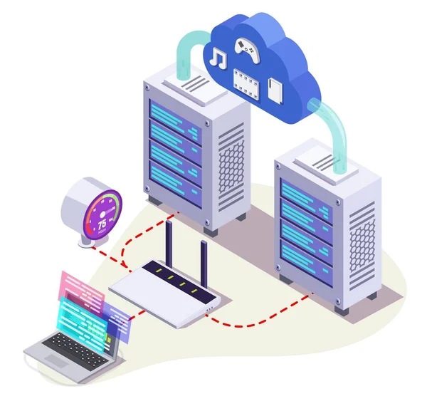 Rack Server Router Wifi Computer Portatile Cloud Illustrazione Isometrica Vettoriale — Vettoriale Stock