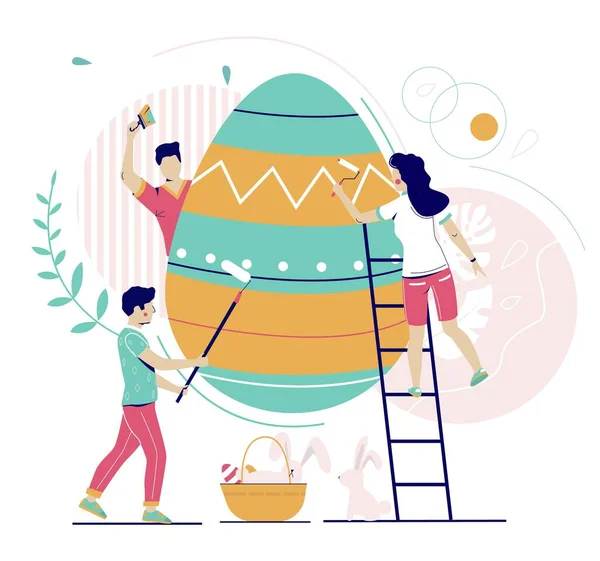 Orang melukis telur Paskah, ilustrasi vektor. Persiapan untuk perayaan liburan musim semi Paskah. - Stok Vektor