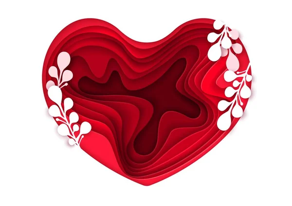 Cuore rosso tagliato di carta con rami di piante bianche, illustrazione vettoriale. Modello di carta San Valentino — Vettoriale Stock