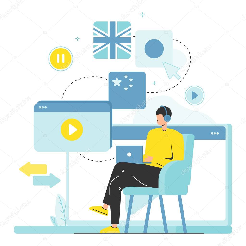 Student studying foreign languages using online multi language translator, flat vector illustration. Text and audio translation software. Learning languages concept.