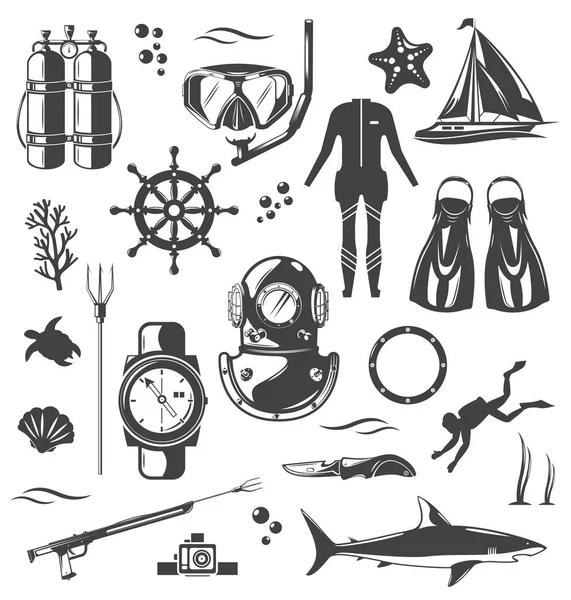 Buceo, equipo de snorkel y conjunto de engranajes, ilustración aislada vectorial. — Archivo Imágenes Vectoriales