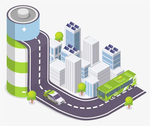 Ισομετρική μπαταρία με ηλεκτρικό αυτοκίνητο και δημόσιο λεωφορείο στο δρόμο, διανυσματική απεικόνιση. Οικολογικές μεταφορές, πράσινη ενέργεια. — Διανυσματικό Αρχείο