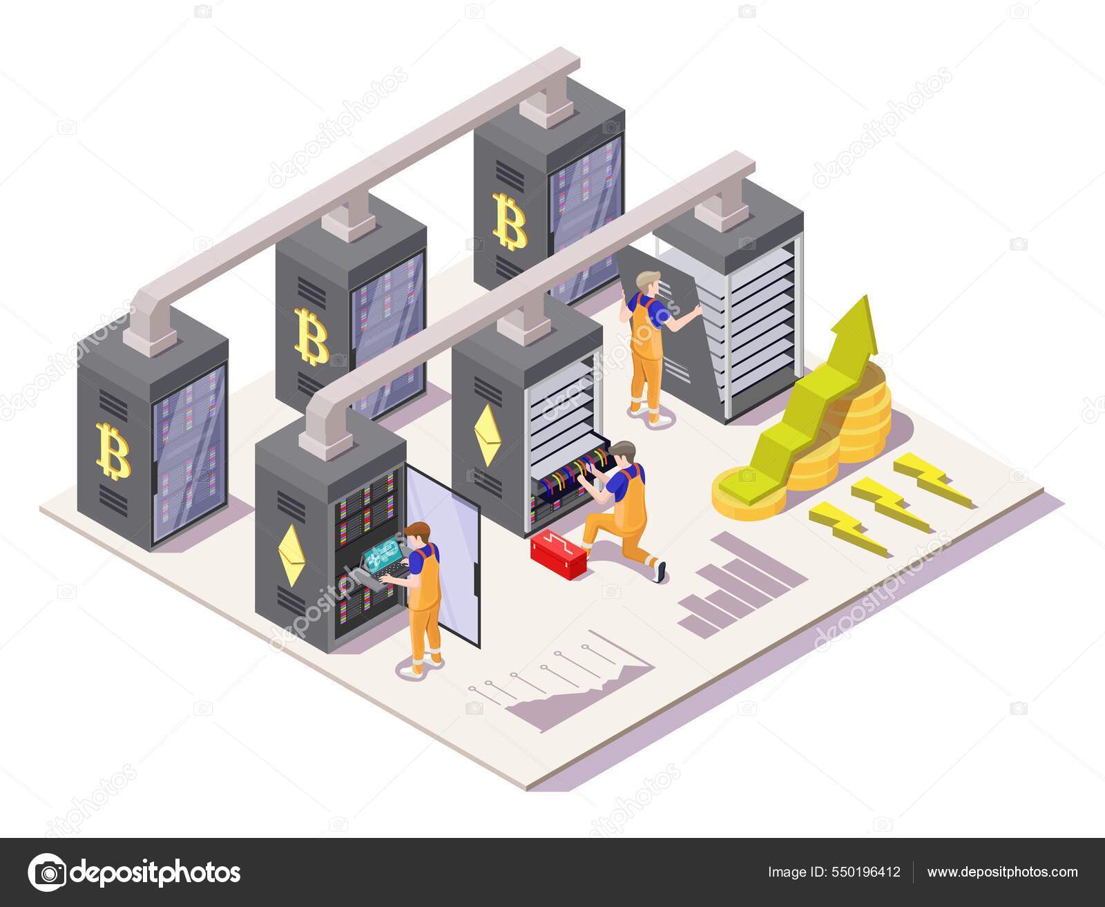서버 실에크 립 토 광산을 설치하는 사람들 말이야. 암호화 비트코인 광산, 블록체인 기술, 벡터. 스톡 벡터 - ©SiberianArt  550196412