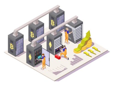 Isome 'lılar sunucu odasına kripto madencilik çiftliği kuruyor. Kripto para birimi bitcoin madeni, engelleme zinciri teknolojisi, vektör.