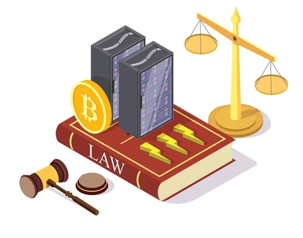 Crypto leyes y regulaciones mineras, ilustración vectorial. Bitcoin isométrico, bastidores de servidor. Legislación criptomoneda. — Archivo Imágenes Vectoriales