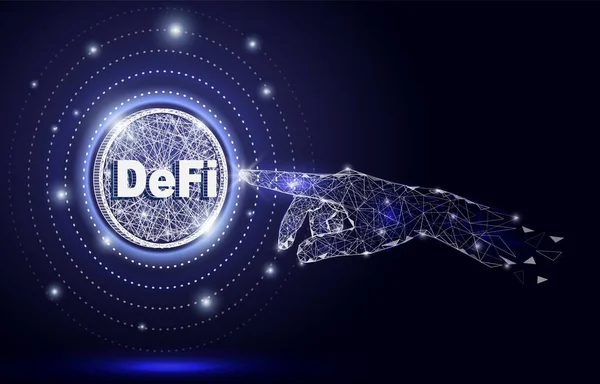 DeFi kézfogás, vektor sokszögletű művészeti illusztráció. Decentralizált pénzügy, kriptovaluta, blockchain technológia. — Stock Vector