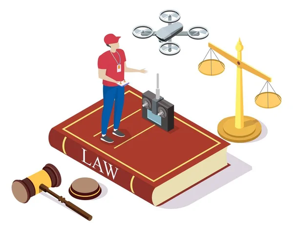 Drone wetten, regels en voorschriften. Isometrische drone operator, uav afstandsbediening, juridische symbolen, vector illustratie. — Stockvector