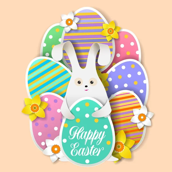Cute bunny with Easter eggs, flowers, vector paper cut illustration. Happy Easter greeting card design template. — Stock Vector