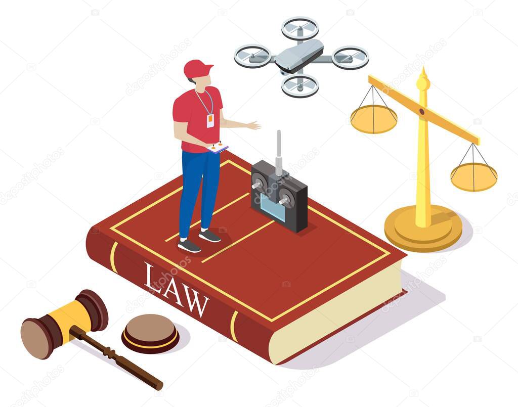 Drone laws, rules and regulations. Isometric drone operator, uav remote controller, legal symbols, vector illustration.