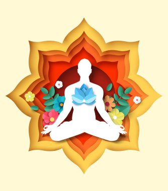 Yoga nilüfer pozisyonunda oturmuş asma sana pratiği yapan bir adam, vektör kağıdı kesiği illüstrasyonu. Meditasyon, akıl sağlığı, rahatla.