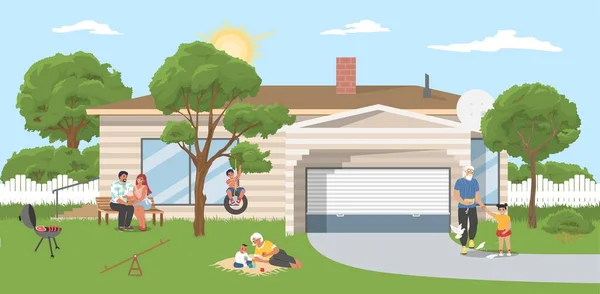 Maison familiale de repos en plein air dans la cour, illustration vectorielle. Grand-parents, parents avec enfants lors d'une fête barbecue ou pique-nique. — Image vectorielle