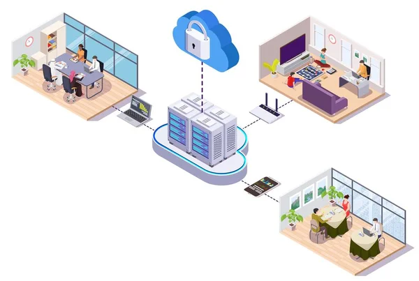 Collegato al cloud storage persone lavorano in ufficio, casa, caffè. Lavoro remoto, memorizzazione dei dati, illustrazione isometrica vettoriale. — Vettoriale Stock