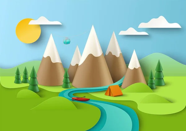 Mountains with cable car, forest, boat, tent on river bank, vector paper cut illustration. Summer camp poster template. — Stock Vector