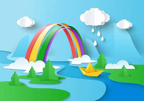Nuvens chuvosas no céu, arco-íris pendurados sobre o rio, barco flutuando na água, ilustração vetorial no estilo da arte do papel. — Vetor de Stock