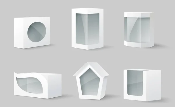 Cardboard package box with transparent window set — 스톡 벡터