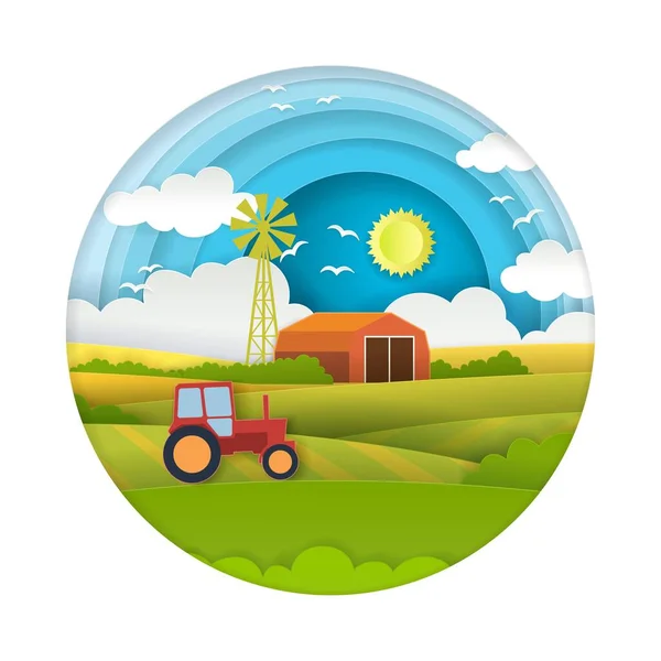 Granja logo vector pueblo rancho y campo paisaje — Vector de stock