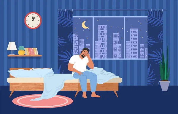 Man suffer from night insomnia disorder vector — Stock Vector