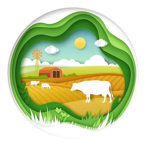 Farm with cow paper art vector milk production — Stockový vektor