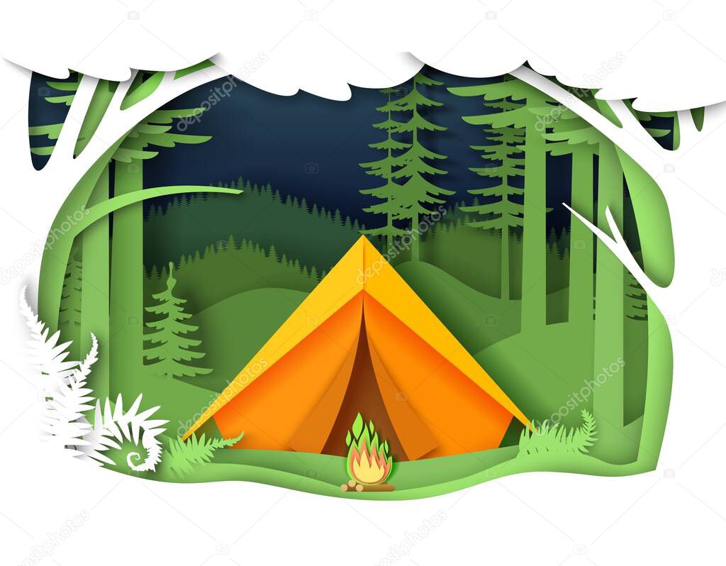 Forest and camp tent outdoor travel vector