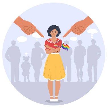 Homophobia concept. Social pressure and bully vector. Sad female character with rainbow flag and pointing fingers design clipart