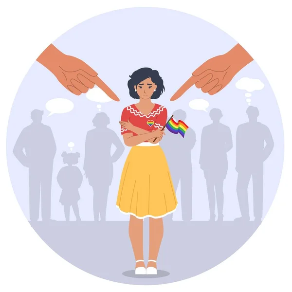 Homophobia concept. Social pressure and bully vector. Sad female character with rainbow flag and pointing fingers design — Stockvector