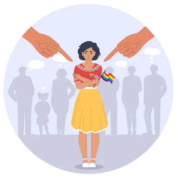 Conceito de homofobia. Pressão social e vetor de bully. Triste personagem feminina com bandeira do arco-íris e apontando dedos design —  Vetores de Stock