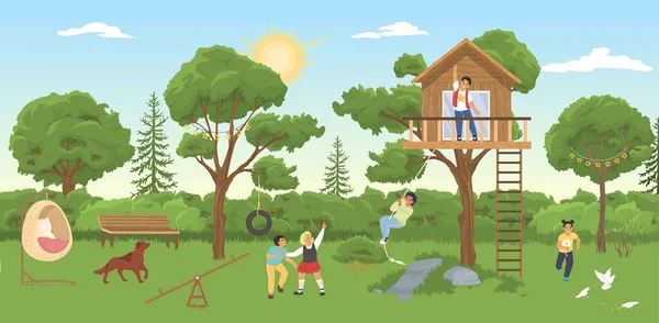 Дом на дереве векторные дети играют на детской площадке — стоковый вектор