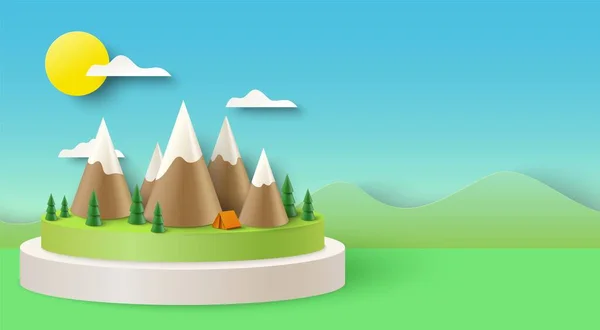 Camp in mount origami paper cut art vector — Stockový vektor