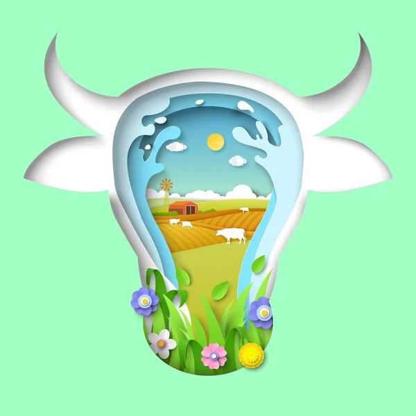 Granja de vacas y productos lácteos alimentos, carne, producción de leche — Vector de stock