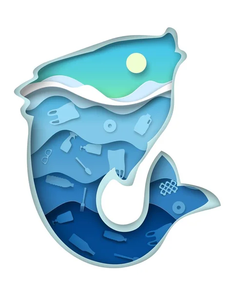 Plastic water pollution concept fish paper art — Vector de stock