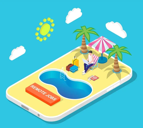 Remote job, freelance concept man work from resort — ストックベクタ