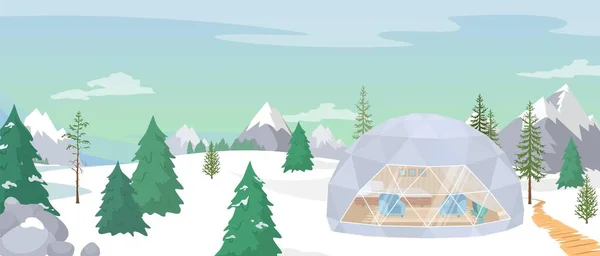 Winter glamping vector snowy forest with cozy tent — 스톡 벡터