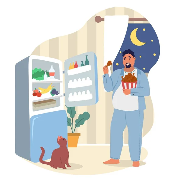 Dicker Mann isst nachts in der Nähe des offenen Kühlschranks — Stockvektor