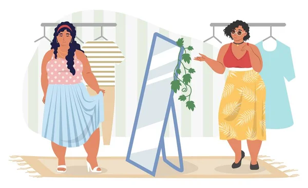 Fat woman shopping at store cartoon vector — Vector de stock