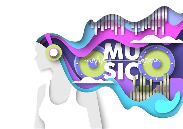 Music vector paper cut poster with girl listen —  Vetores de Stock