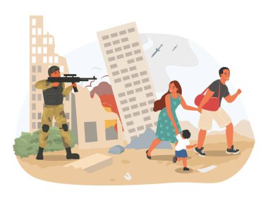 Savaş ve askeri işgal kavramı. Üniformalı asker, mülteci illüstrasyonuna tüfek doğrultuyor. Bombalama şehir arka planı