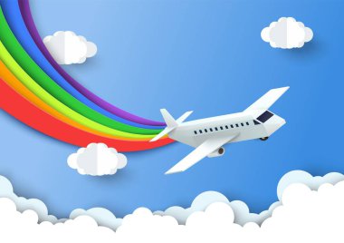 Gökyüzündeki uçak bulut vektör çiziminin üzerine gökkuşağı çiziyor. Uçak yolculuğu arka planında kağıt kesiği sanatsal stil. Tatil konseptinde uçuş macerası