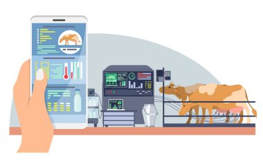 Hayvan akıllı çiftlik teknolojisi vektör çizimi. İnek sütü üretimi ve çiftlik hayvanları uzaktan kumandası. Sıcaklık ve endüstri göstergesi ve verilerini izlemek için uygulamalı cep telefonu