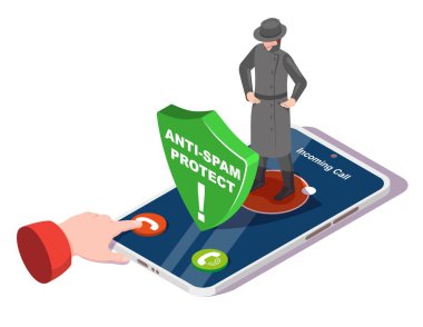 Anti spam mobile protect service vector. Unknown incoming call scam block. Smartphone hacker cheating secure. Phone antivirus application and privacy safety clipart