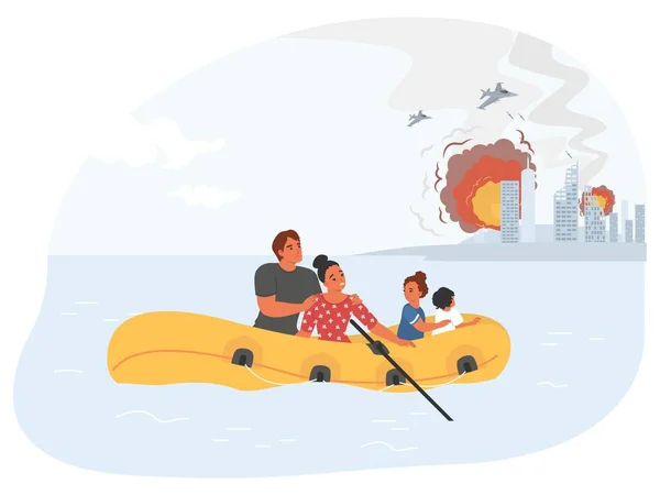 Vector Refugiados Familia Corriendo Barco Desde País Desgarrado Por Conflicto — Vector de stock