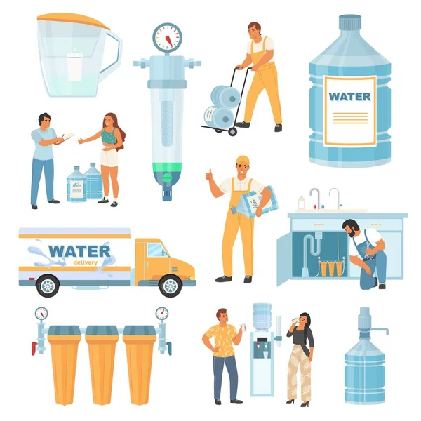 净水器隔离向量集 用于处理和过滤系统的各种罐体和瓶子 家居水槽水塘管理及瓶装清洁饮用水的运送 — 图库矢量图片