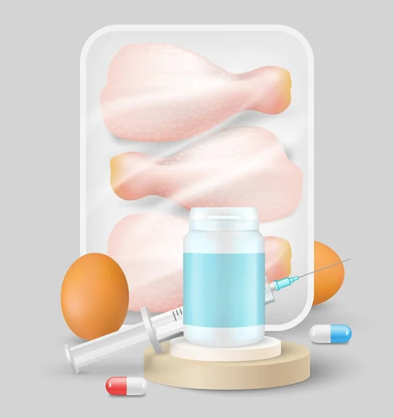 Ilustración Vectorial Pollos Huevos Antibióticos Comida Farmacéutica Patas Aves Corral — Vector de stock